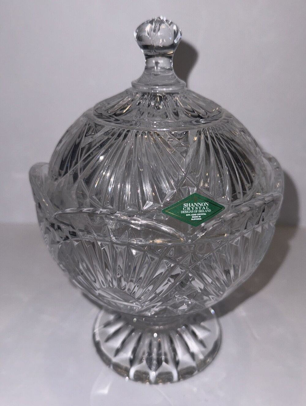 Shannon Crystal Covered Candy Dish Compote 24% Lead Crystal w/Sticker 6"x9"
